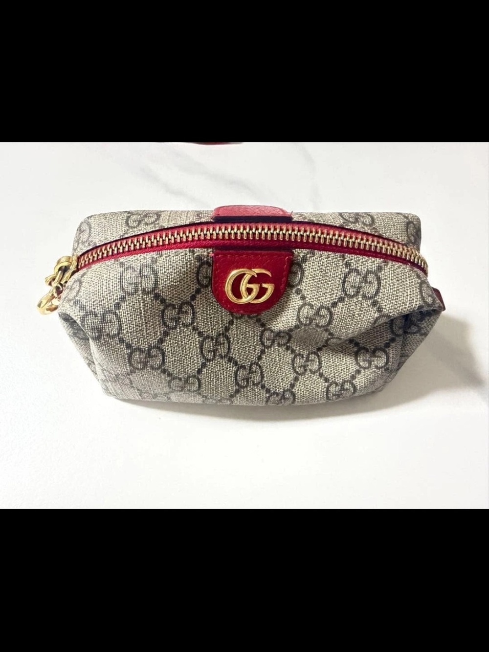 Gucci Beige GG Canvas Cosmetic Pouch with Red Trim and Gold Hardware